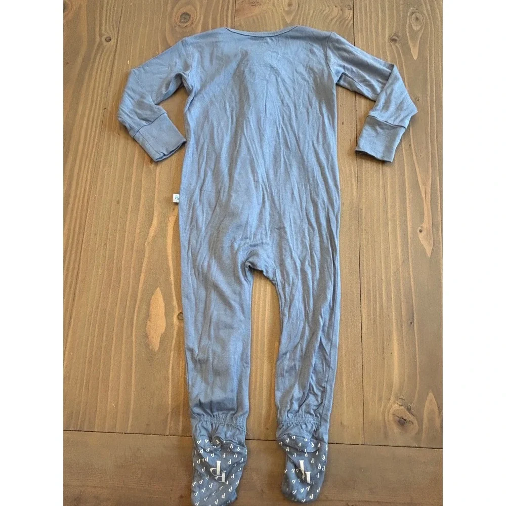 Cc6 Posh Peanut Blue Bamboo Viscose Footie Pajamas 2-Way Zip Sleepsuit 9-12 Mon - Picture 2 of 5